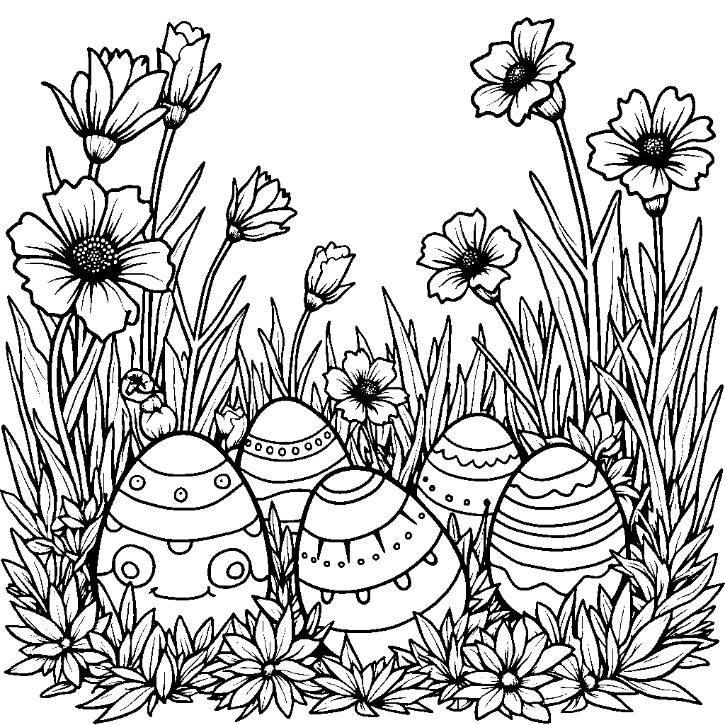 Easter eggs hidden in a garden of flowers