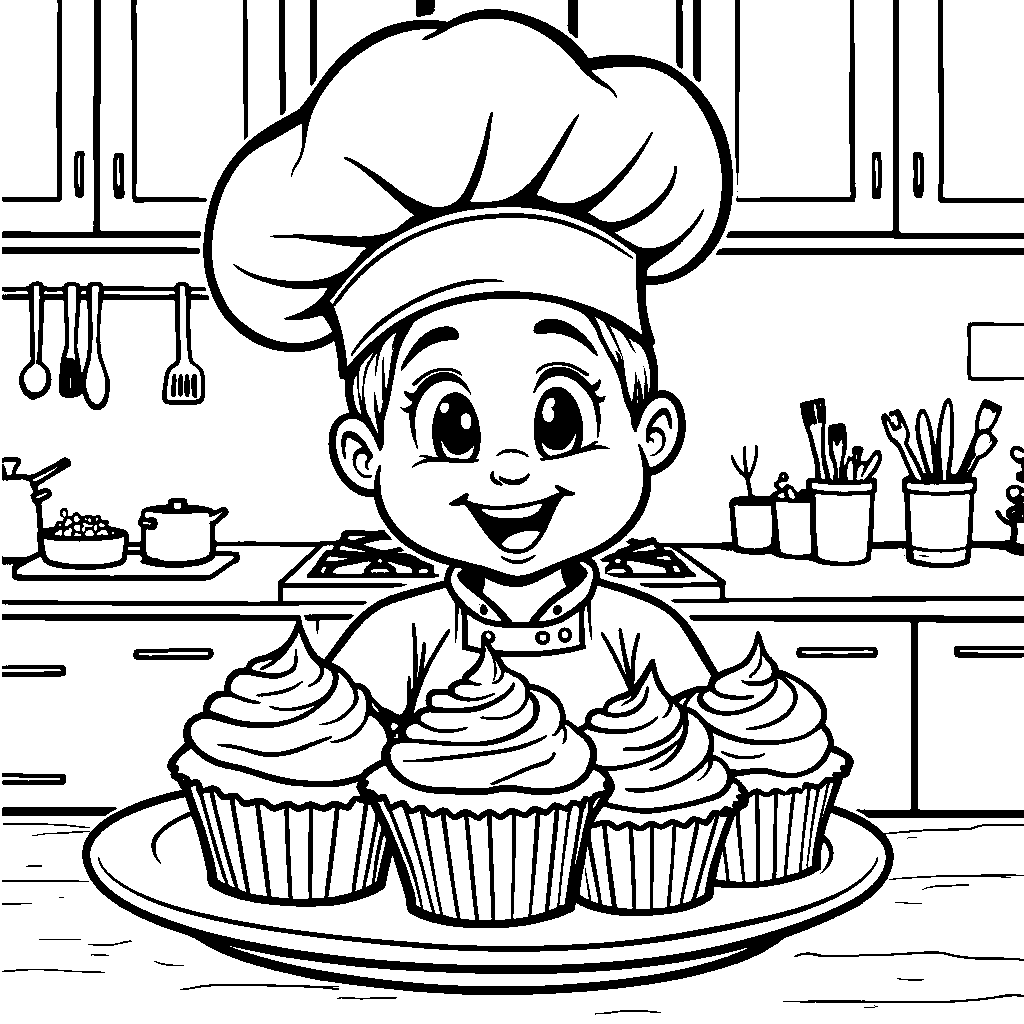 Face with a chef's hat and a plate of cupcakes