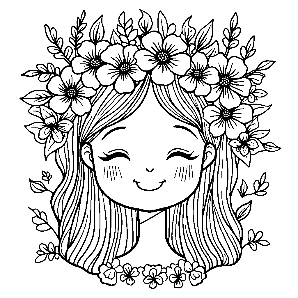 Face with a crown of flowers and a peaceful smile