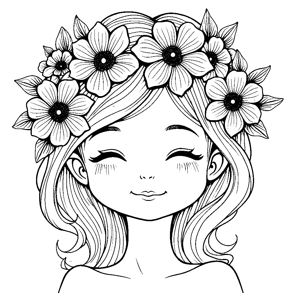 Face with a flower crown and a gentle smile