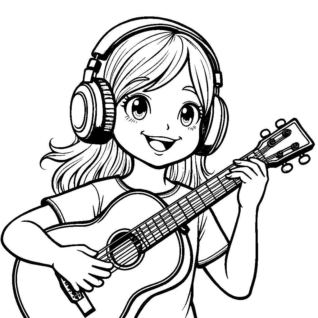 Face with a pair of headphones and a musical instrument