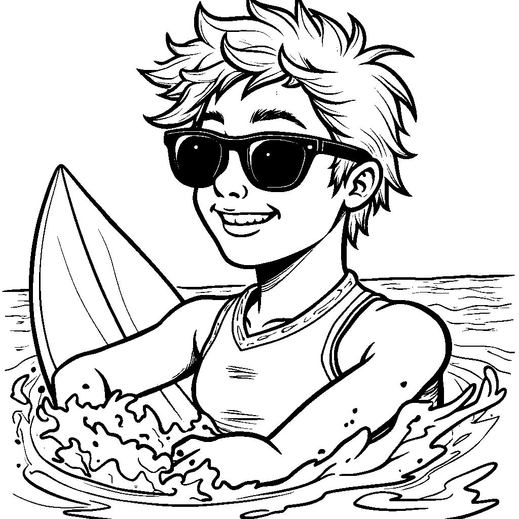 Face with a pair of sunglasses and a surfboard