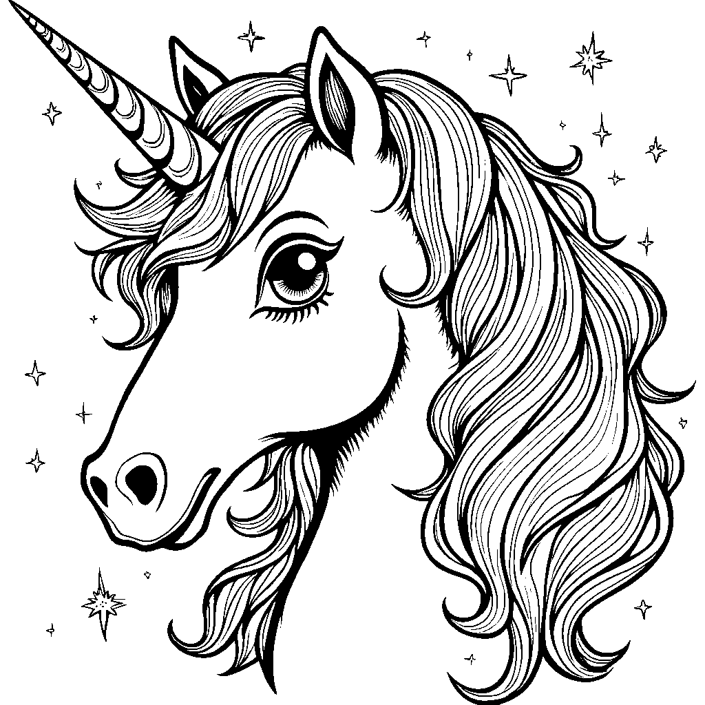 Unicorn face with a shimmering mane