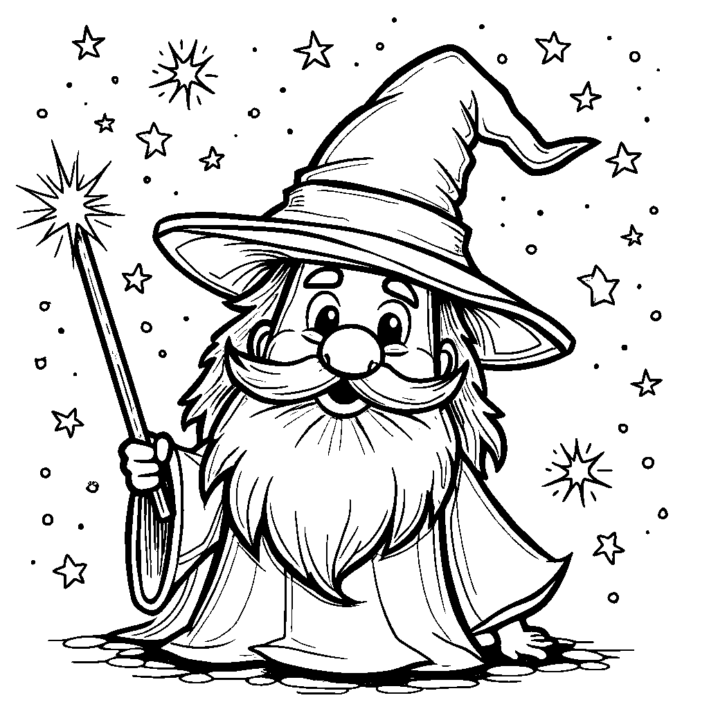 Wizard face with a pointy hat and a wand