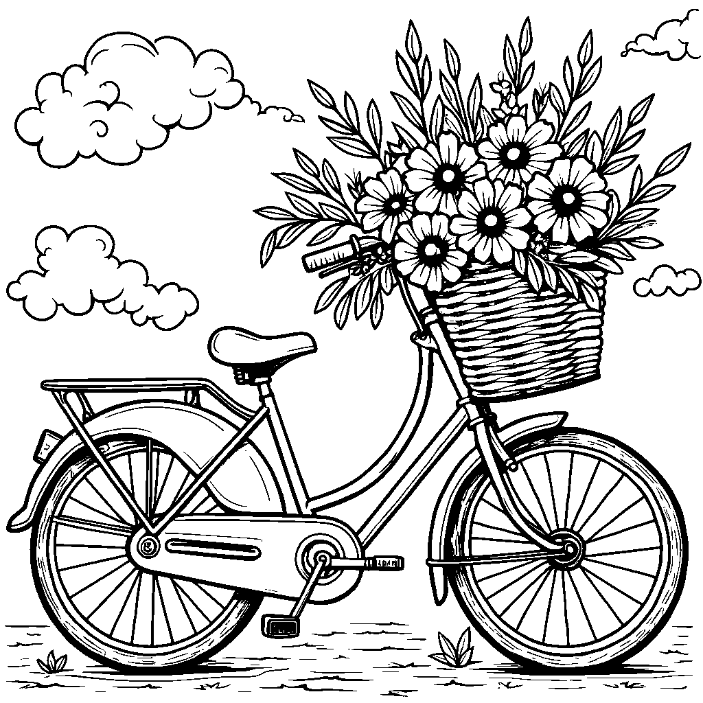 A flower bouquet in a bicycle basket