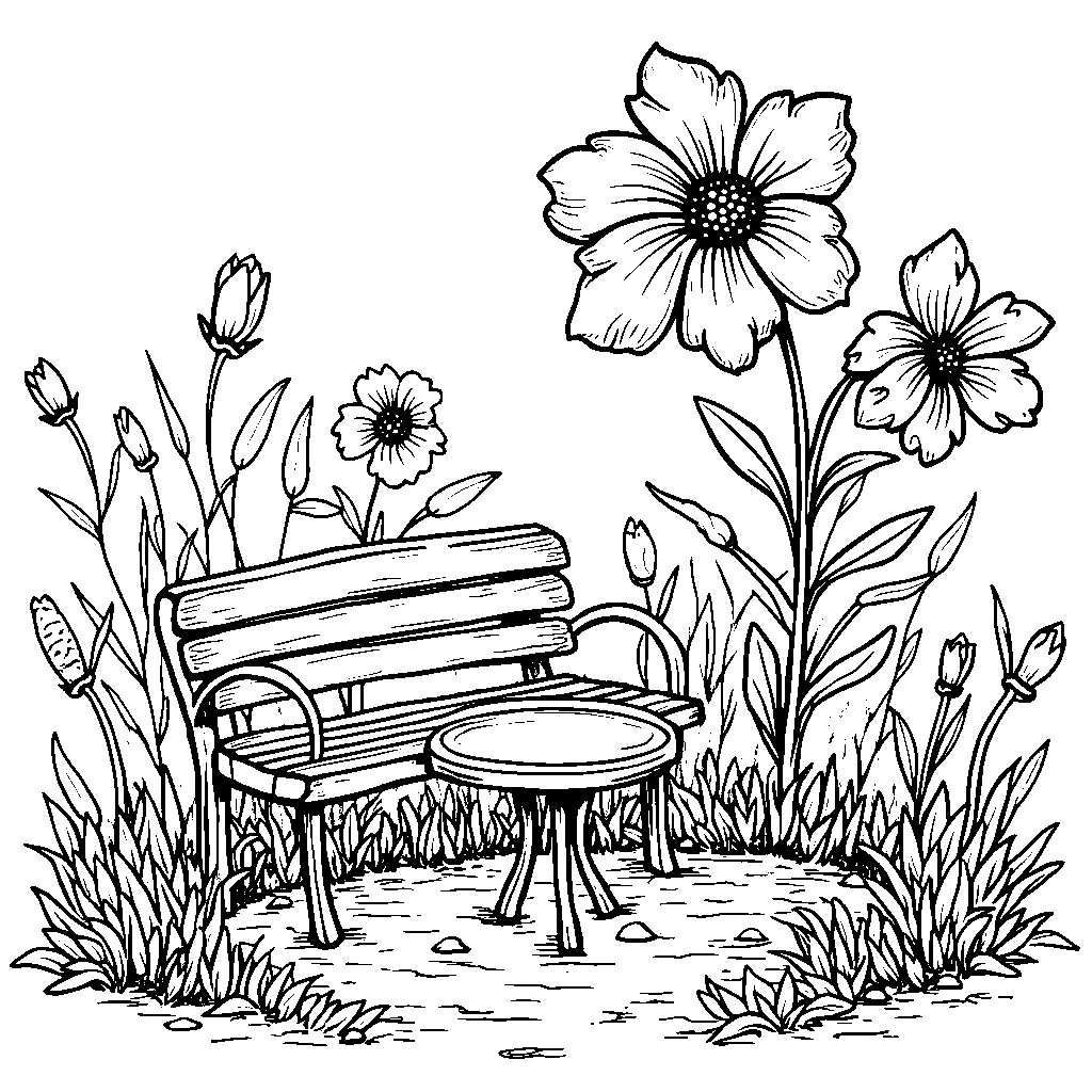 A flower in a miniature garden with tiny furniture