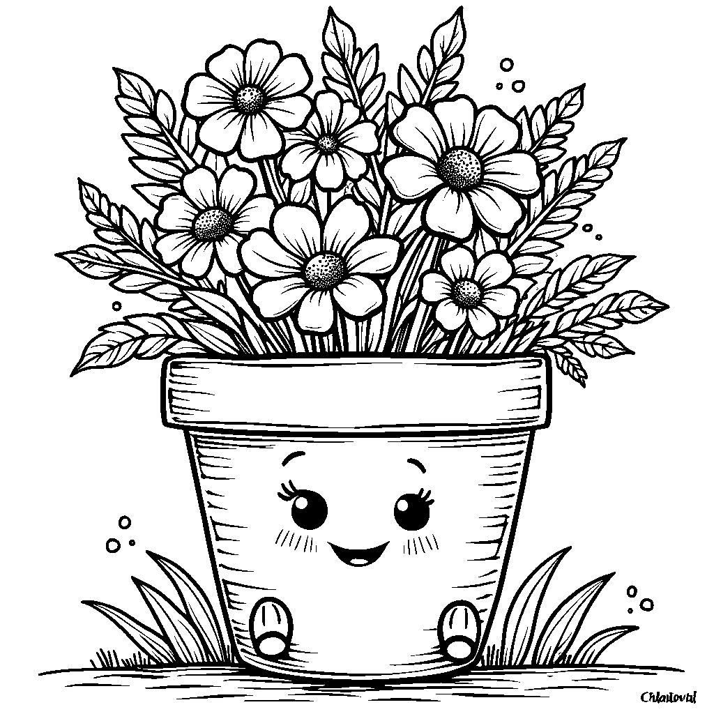 A flower pot with a built-in face and legs