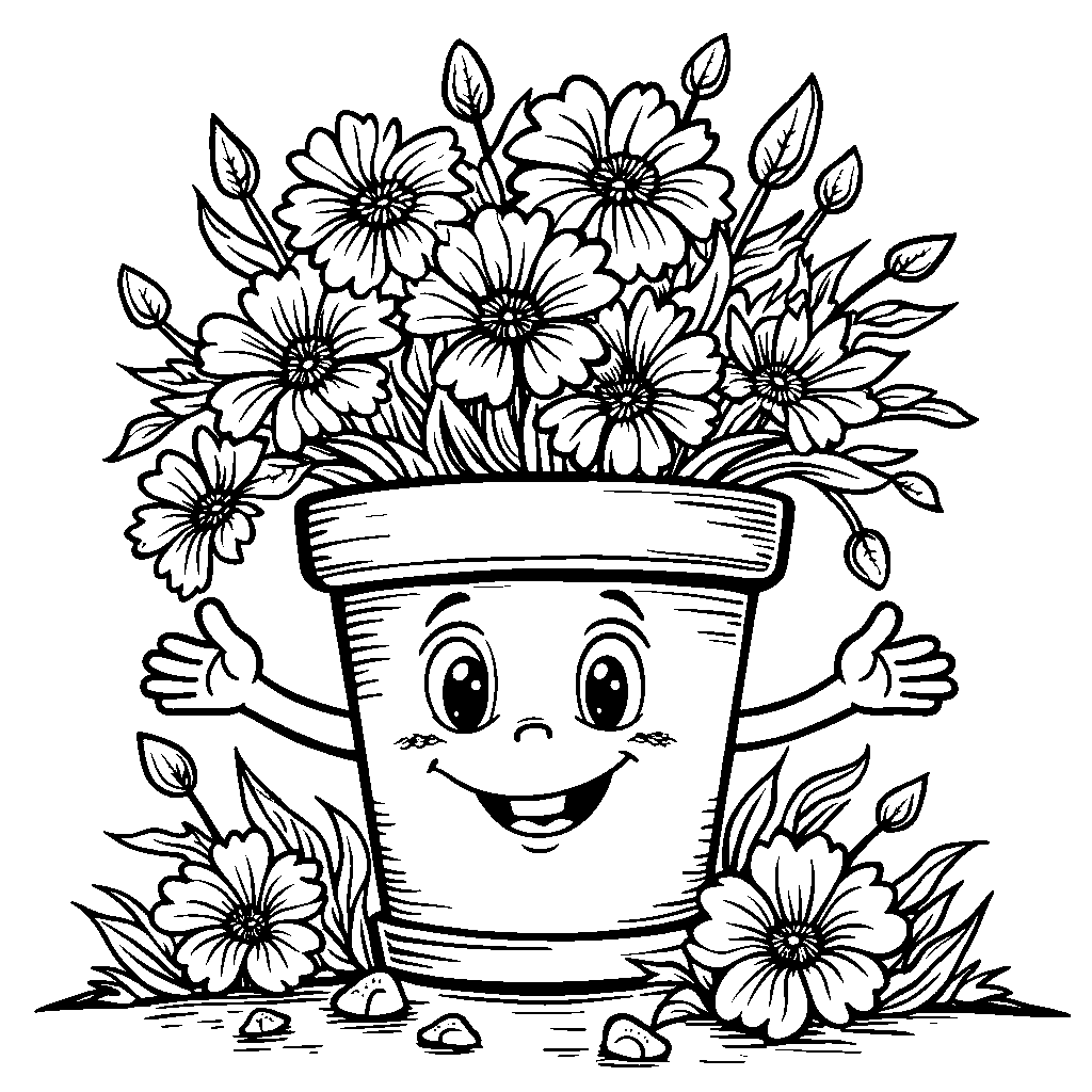 A flower pot with a cartoonish face and arms