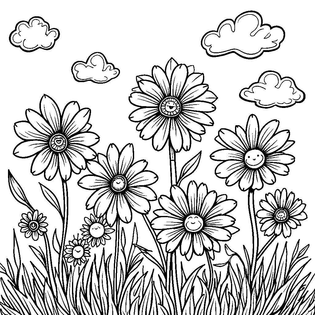 A garden full of daisies with different facial expressions