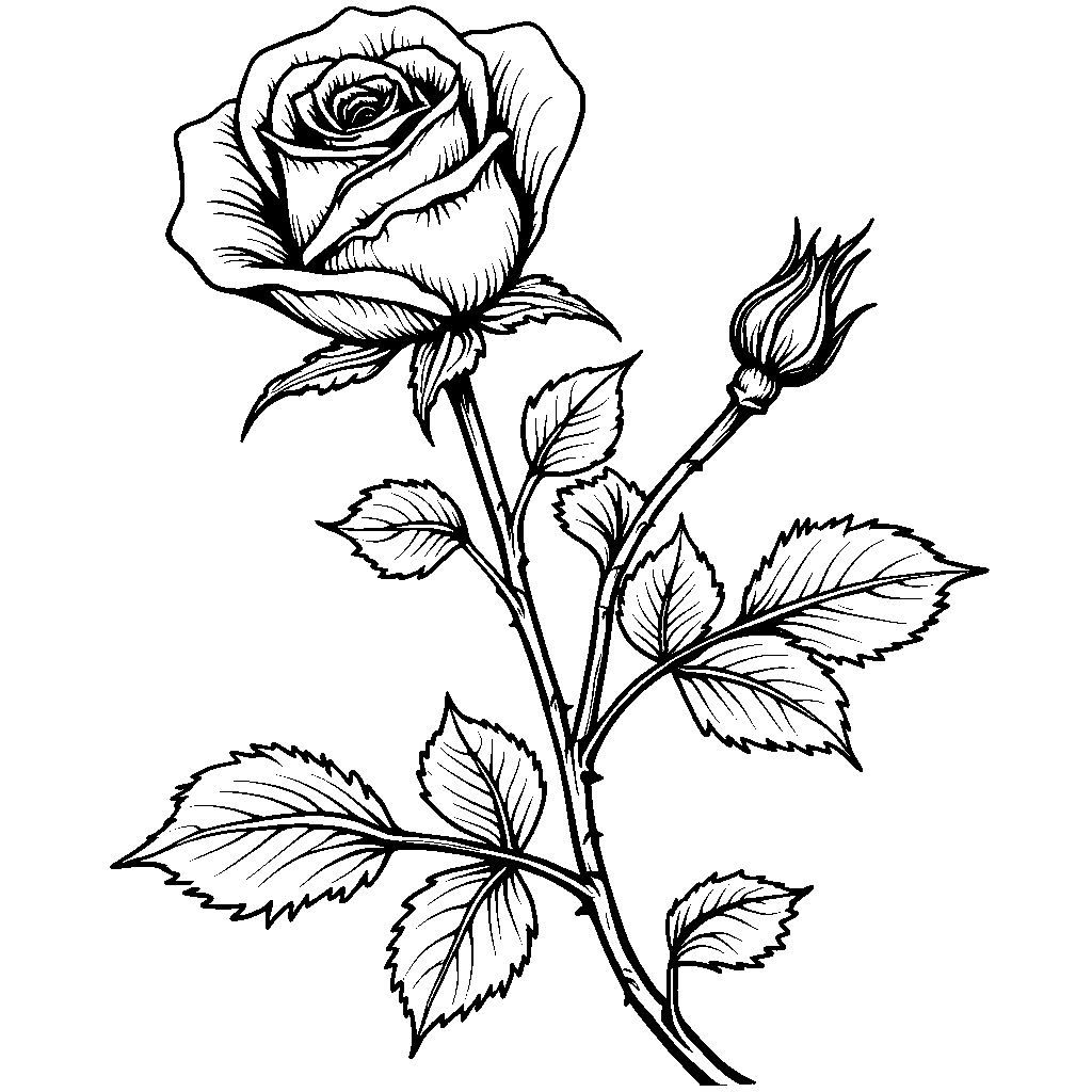 A single red rose with leaves and thorns