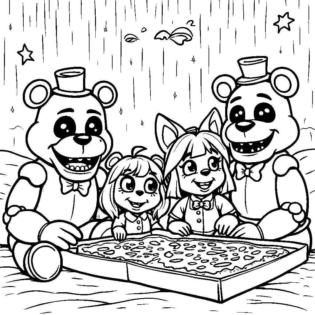 A group of kids having a sleepover in the FNAF 1 restaurant