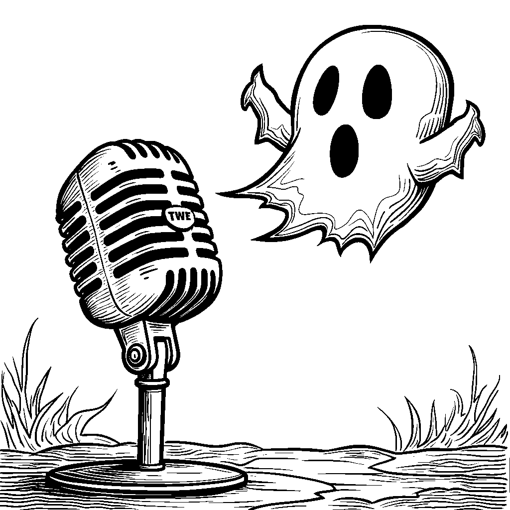 A haunted microphone with a ghostly voice bubble