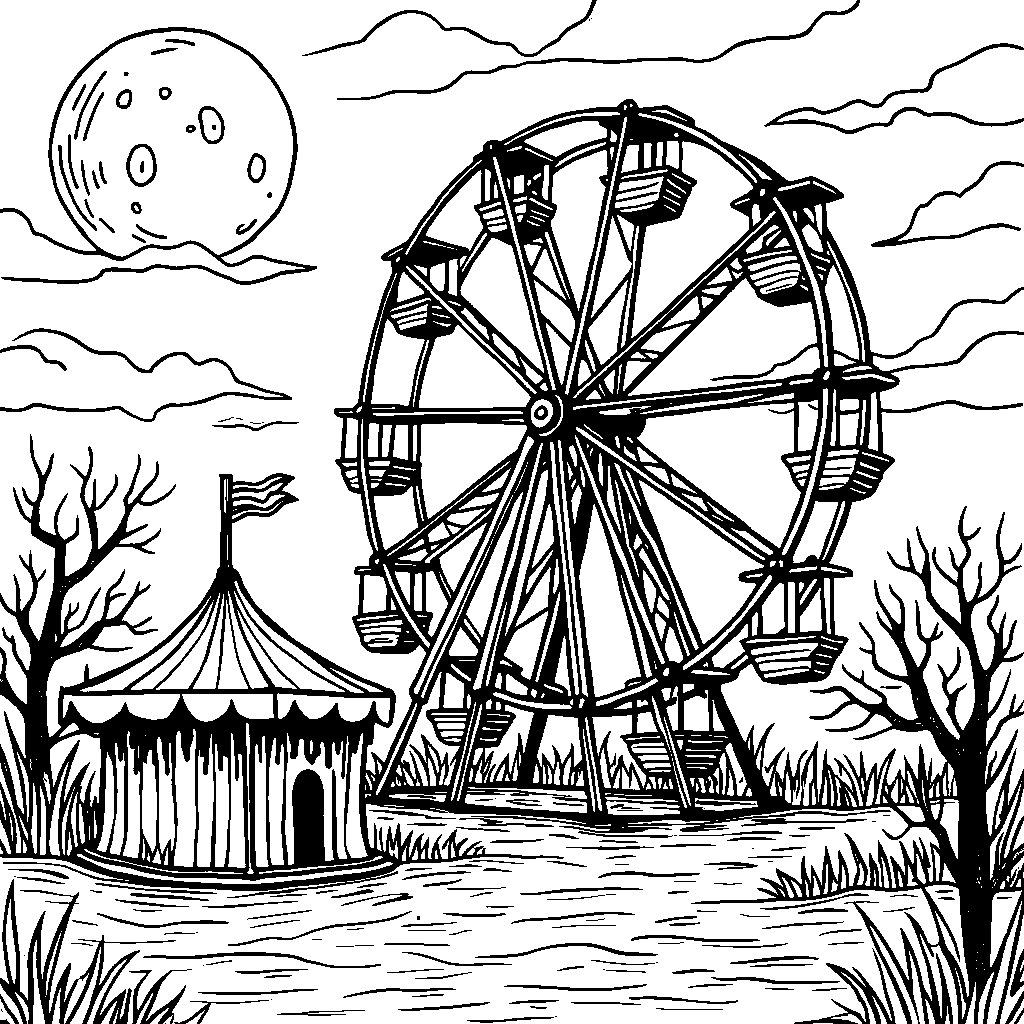 A spooky night sky with a full moon and a haunted Ferris wheel