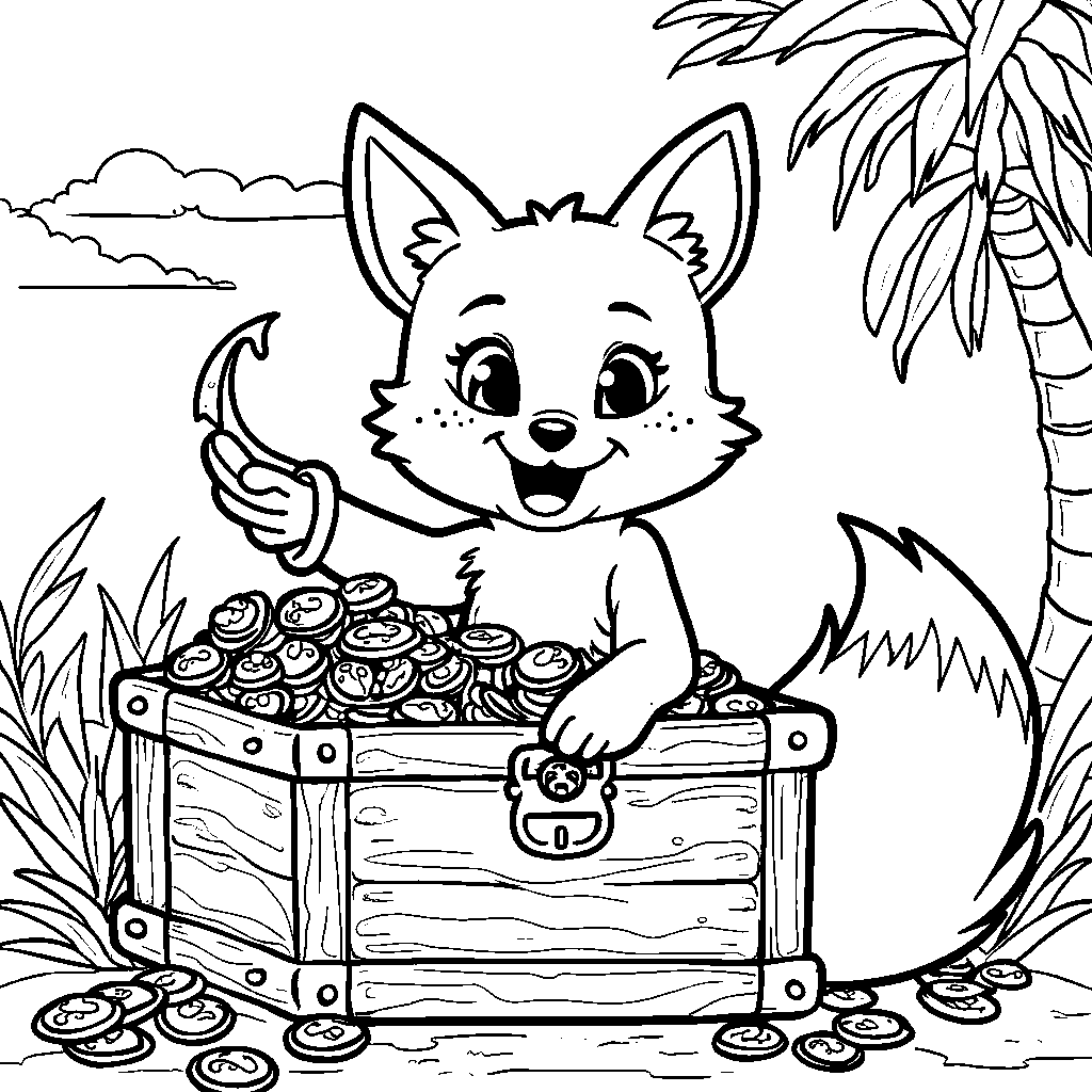 Foxy's hook hand holding a treasure chest filled with gold coins