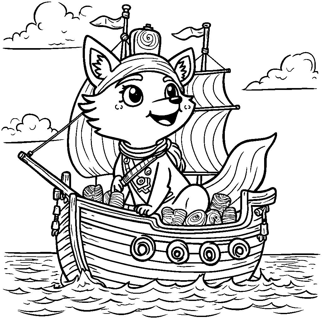 Foxy the Pirate Fox sailing a ship made of candy