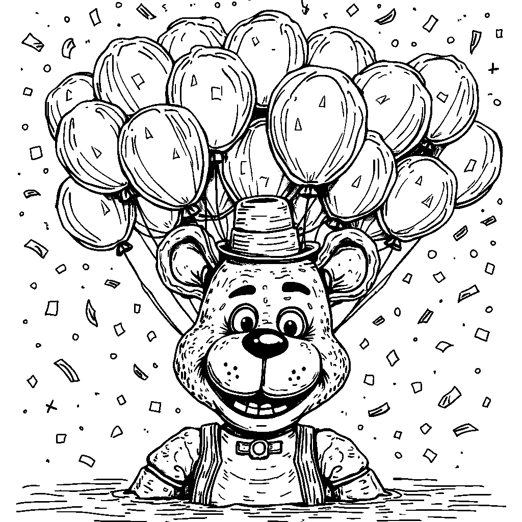 Freddy's head made out of balloons and streamers