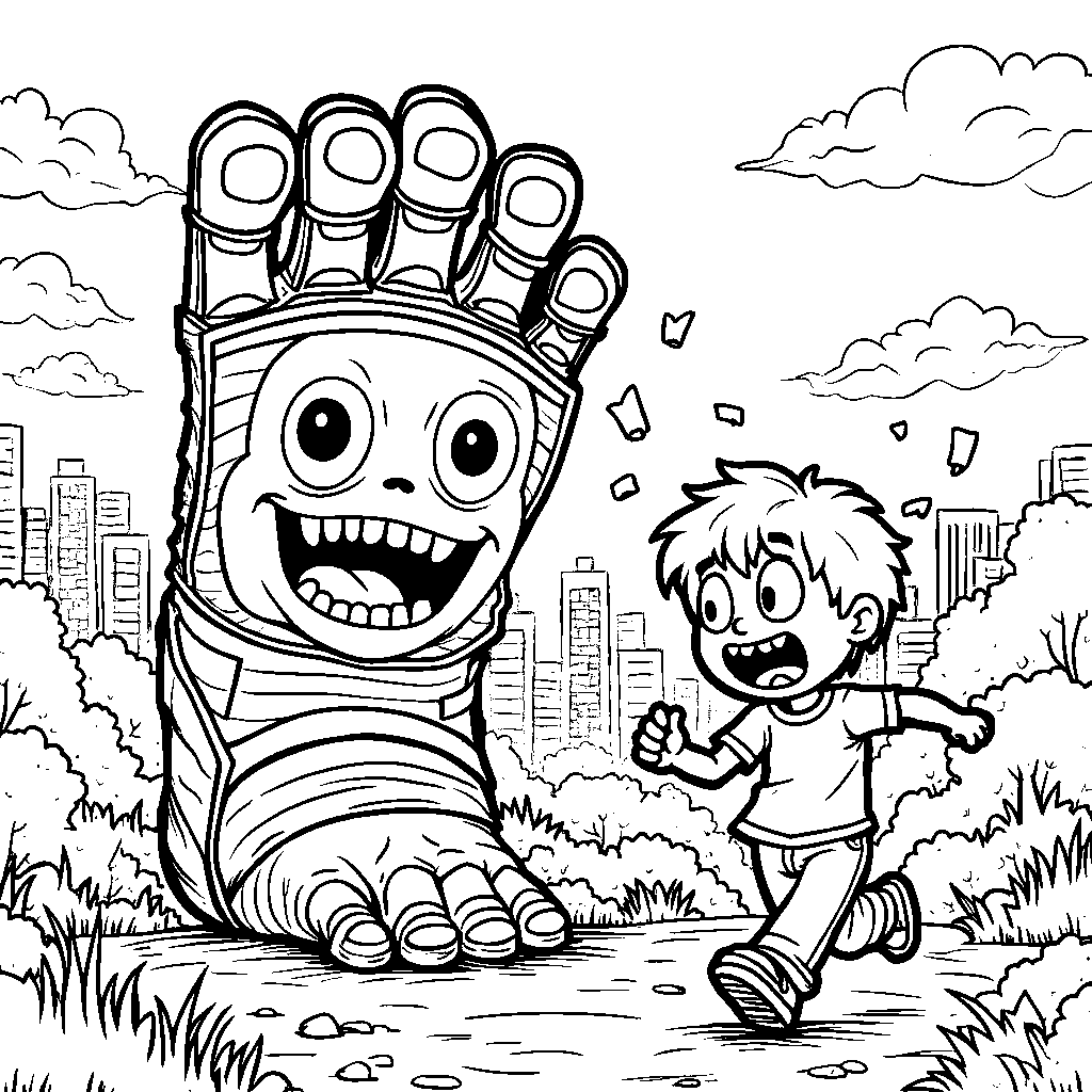 A kid running away from a giant animatronic foot