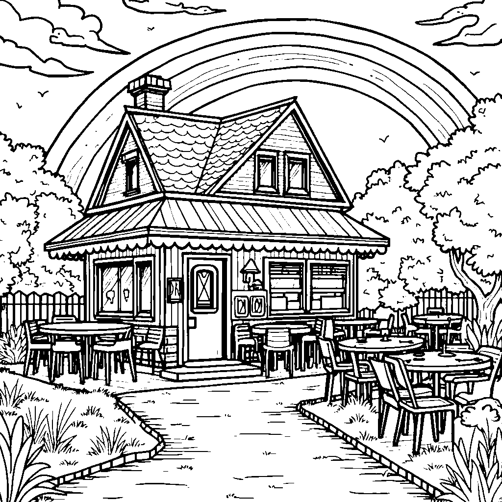 The FNAF 1 restaurant at sunset with a rainbow in the sky