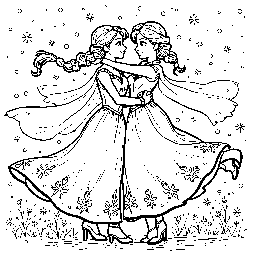 Anna and Elsa dancing together, surrounded by sparkling snowflakes