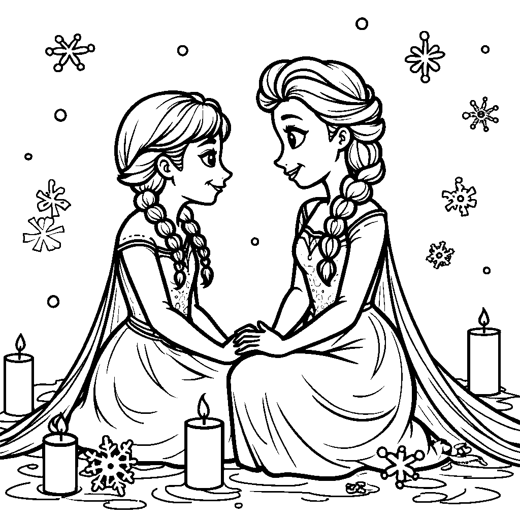 Anna and Elsa having a heart-to-heart conversation, surrounded by candles and snowflakes