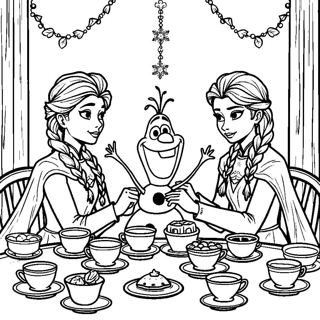 Anna and Elsa having a tea party in the palace, with Olaf as the guest of honor