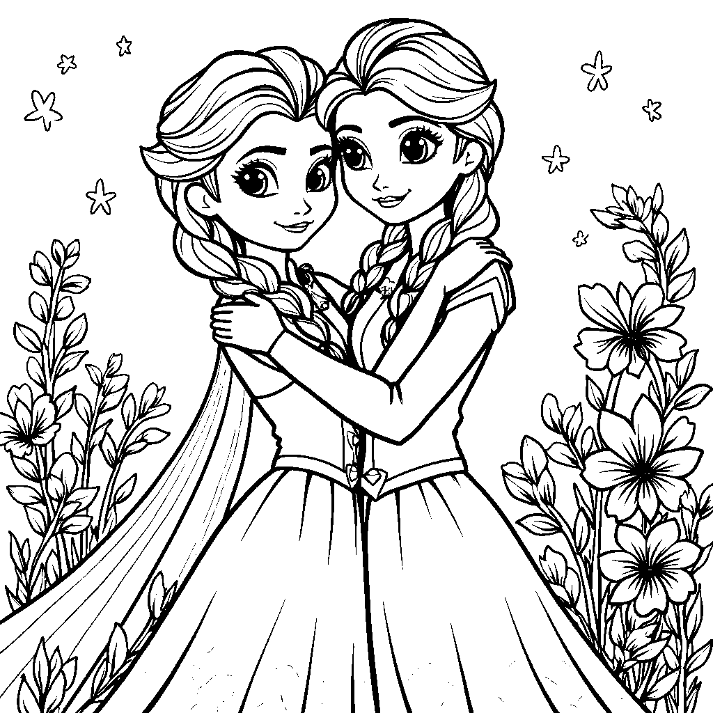 Anna and Elsa hugging, surrounded by colorful flowers