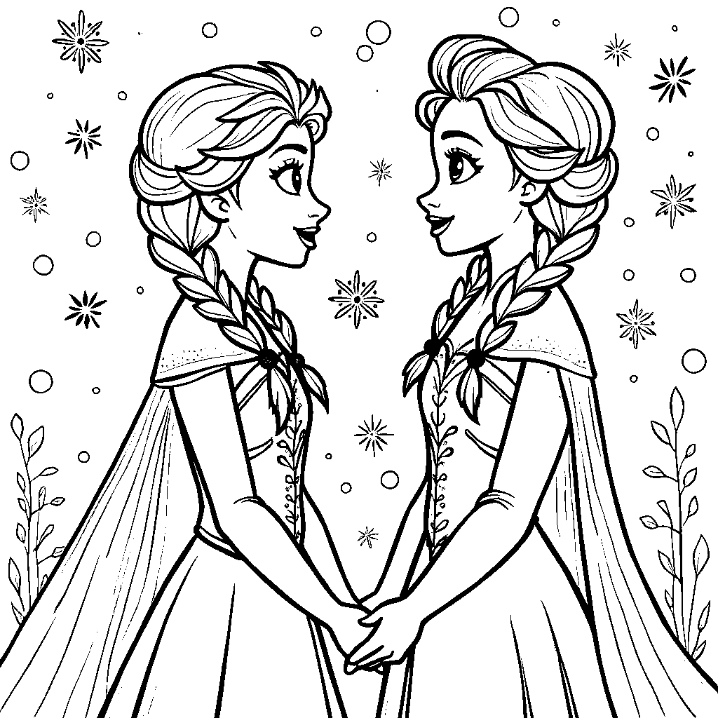 Anna and Elsa singing a duet, surrounded by sparkling snowflakes