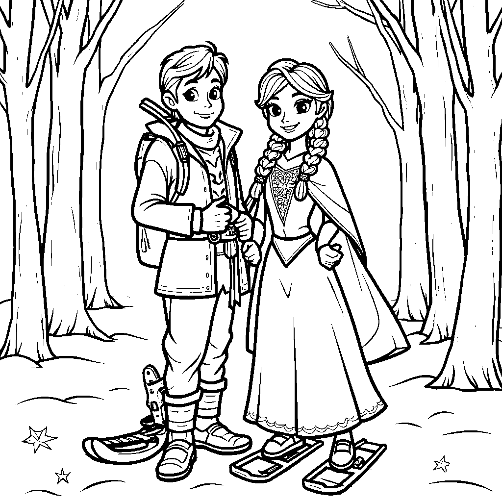 Anna and Kristoff having a snow-tastic adventure, complete with snowshoes and sleds