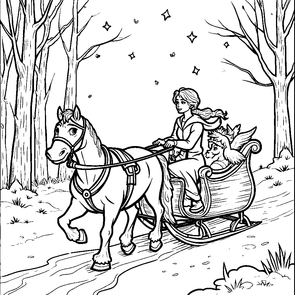 Anna and Kristoff on a romantic sleigh ride through the snowy forest