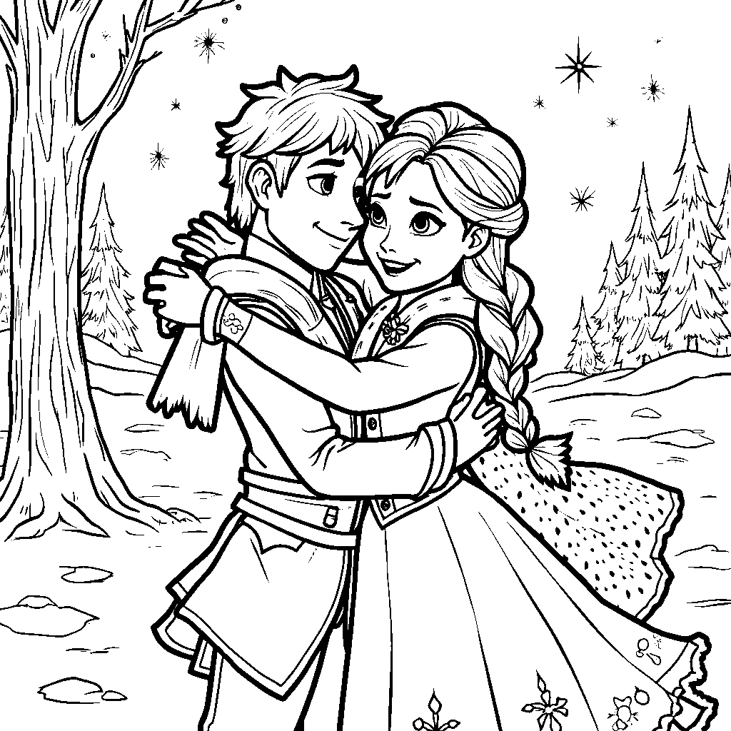 Anna and Kristoff sharing a warm hug on a cold winter day