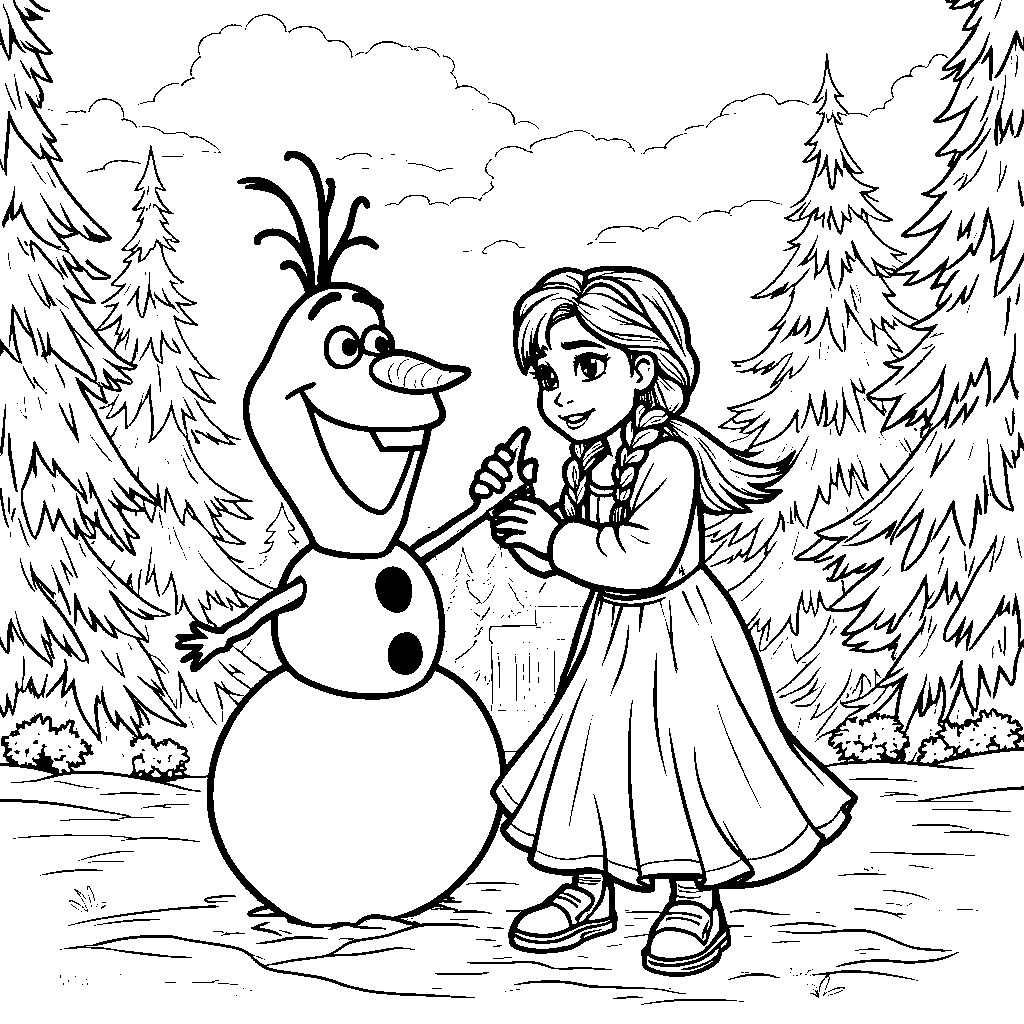 Anna and Olaf building a snowman together in Arendelle