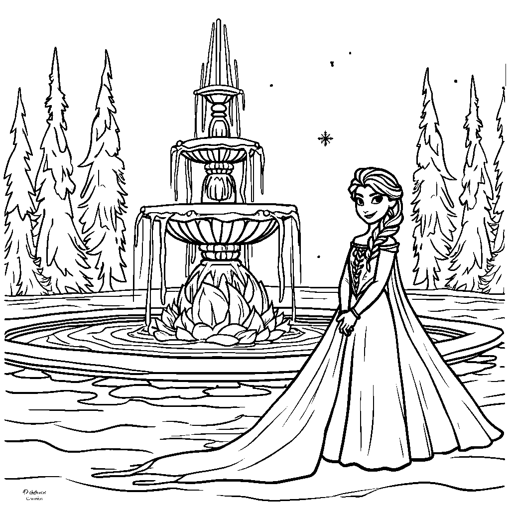 Elsa using her powers to create a frozen fountain, complete with ice sculptures