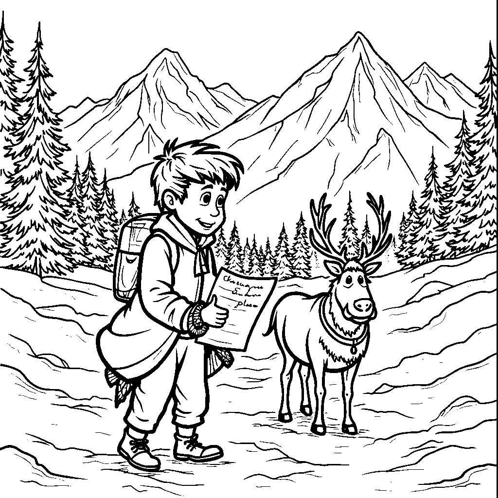 Kristoff and Sven on a treasure hunt, following a map through the snow