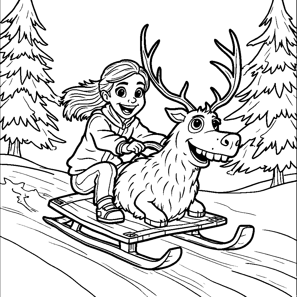 Kristoff and Sven racing down a snowy hill, laughing and having fun