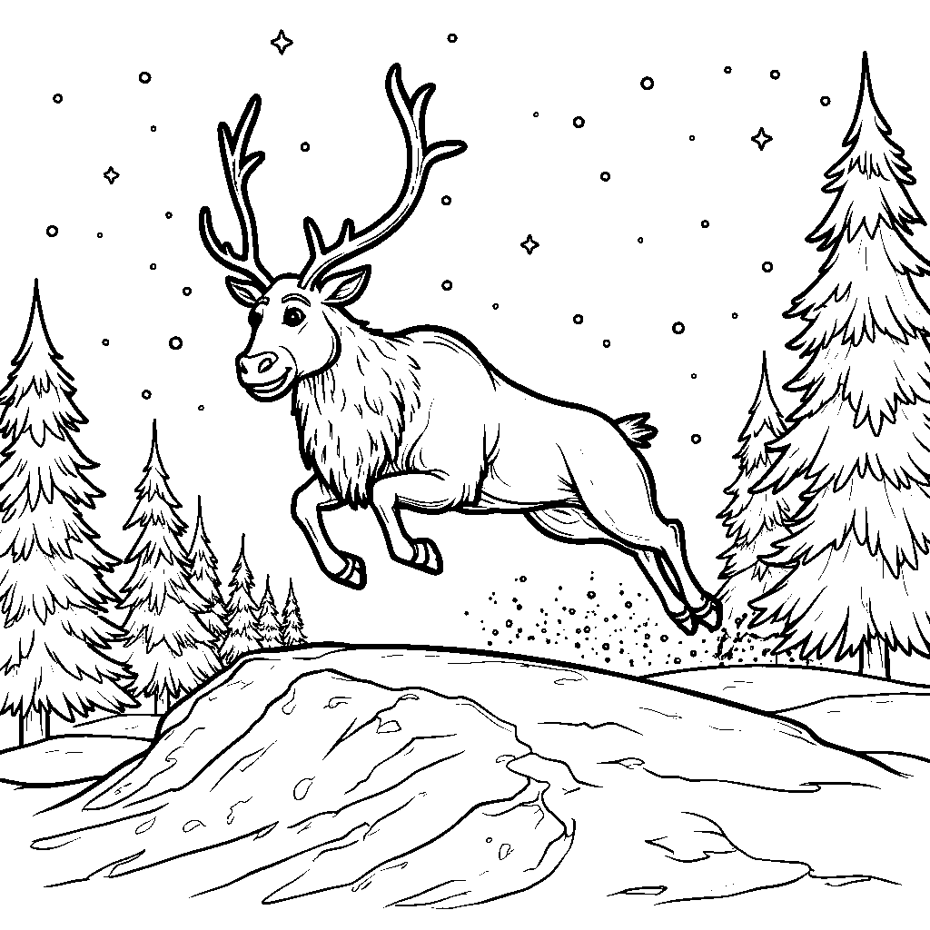 Kristoff's reindeer Sven jumping over a snowbank