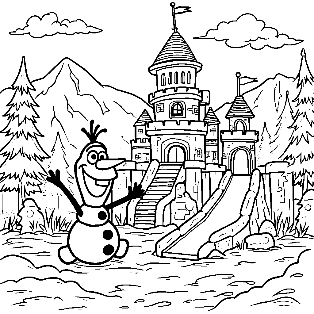 Olaf building a snow fort, complete with flags and towers