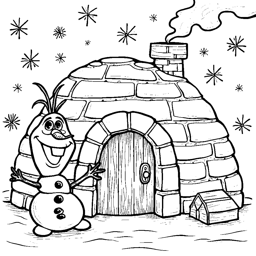 Olaf building an igloo, with a tiny door and a smoking chimney