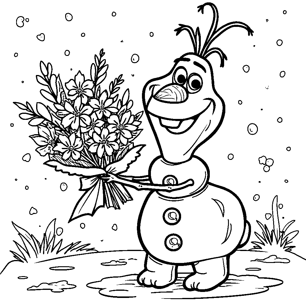 Olaf holding a bouquet of winter flowers, with a big smile on his face