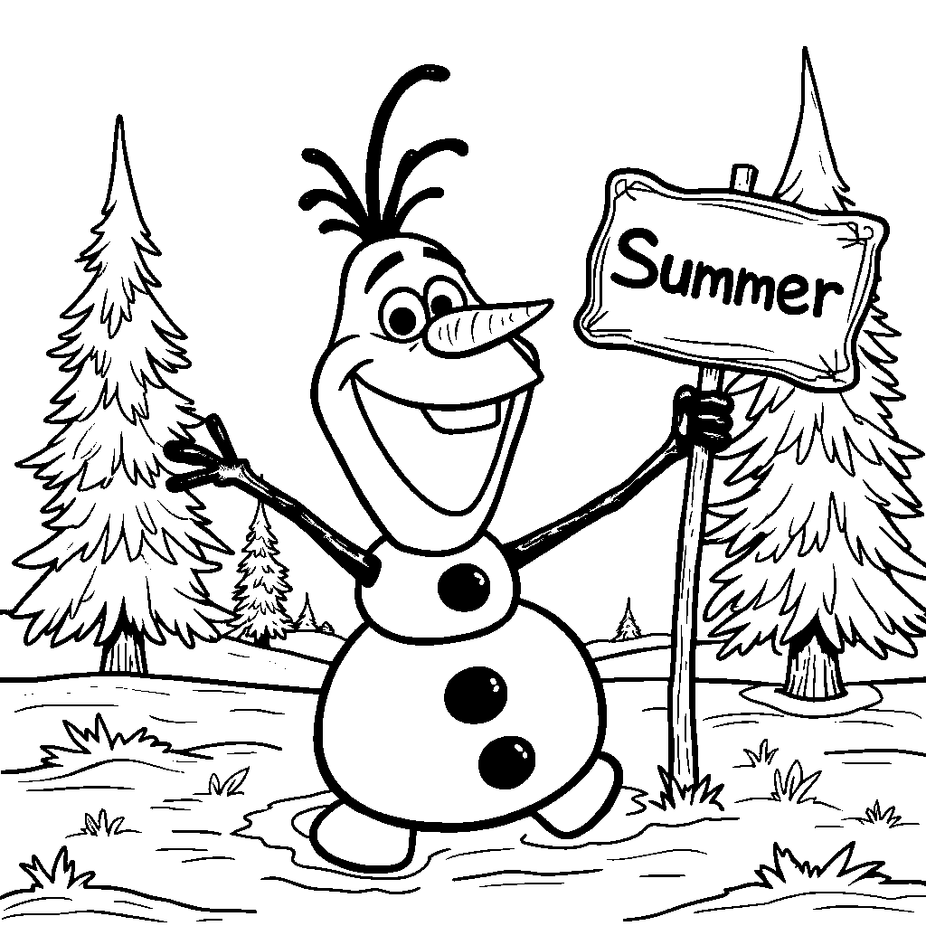 Olaf holding a sign that says 'Summer' in the middle of winter