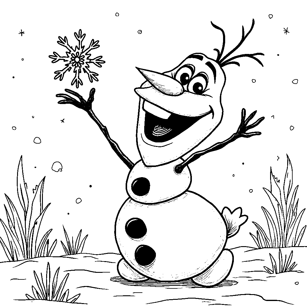 Olaf holding a tiny snowflake, with a big smile on his face