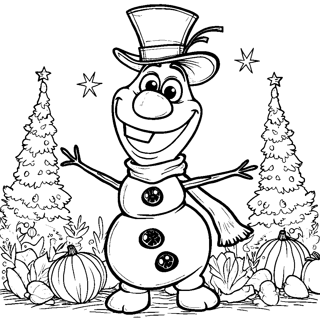 Olaf playing dress-up, wearing a fancy hat and a scarf