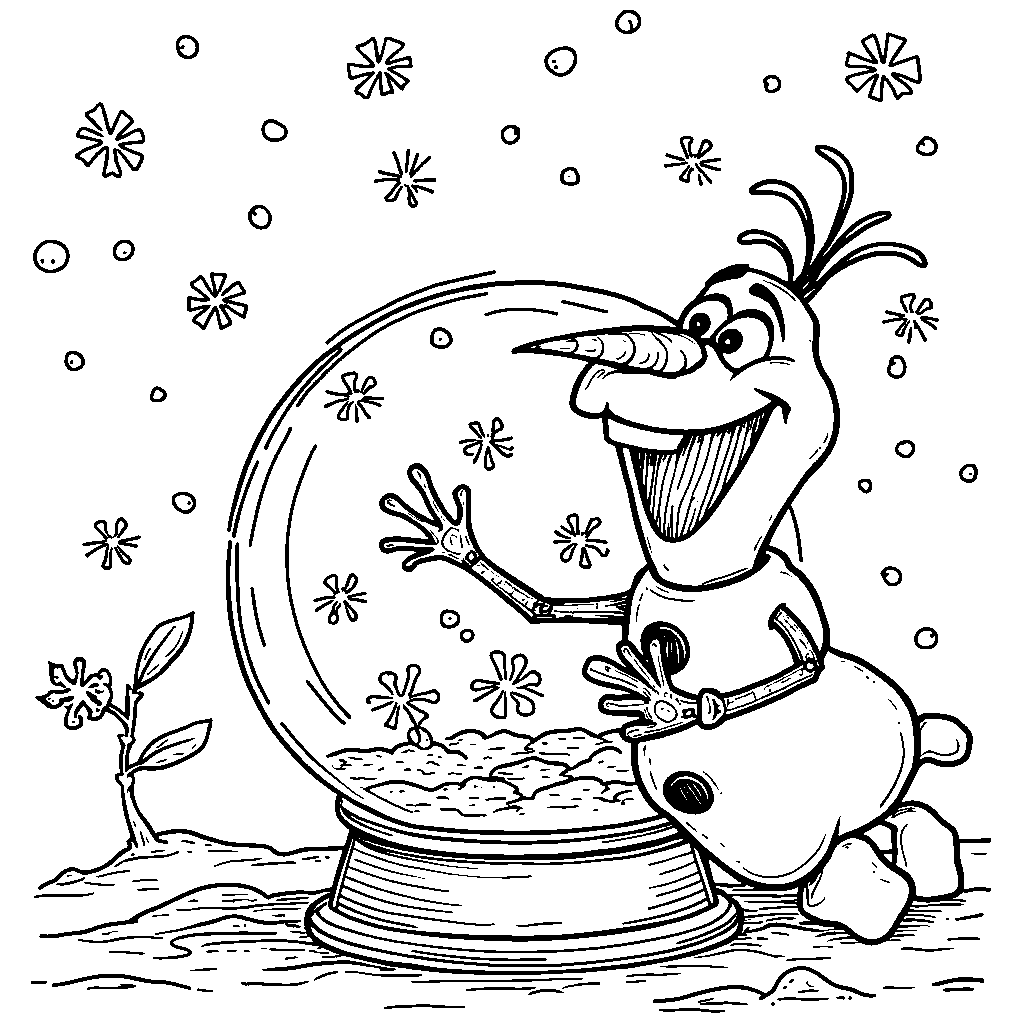 Olaf playing with a snow globe, with tiny snowflakes swirling around him