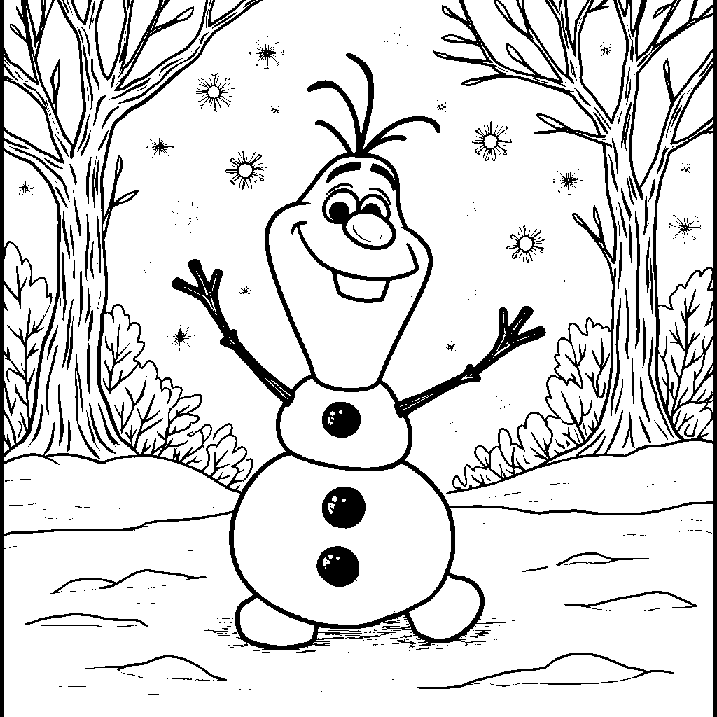 Olaf surrounded by snowflakes in a winter wonderland