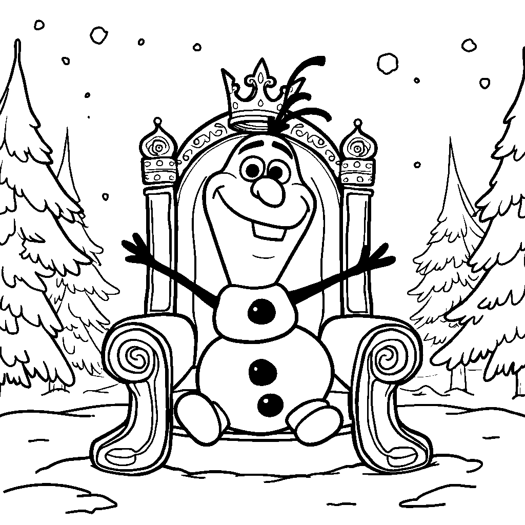 Olaf wearing a tiny crown, sitting on a throne made of snow