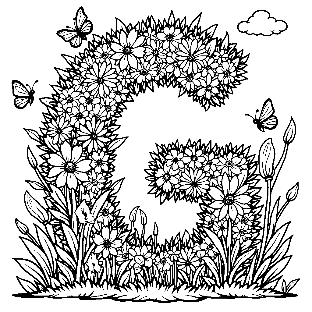 A cartoon-style garden with the letter G made of leaves