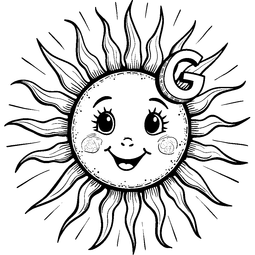 A cheerful sun with a face and a letter G on a ray