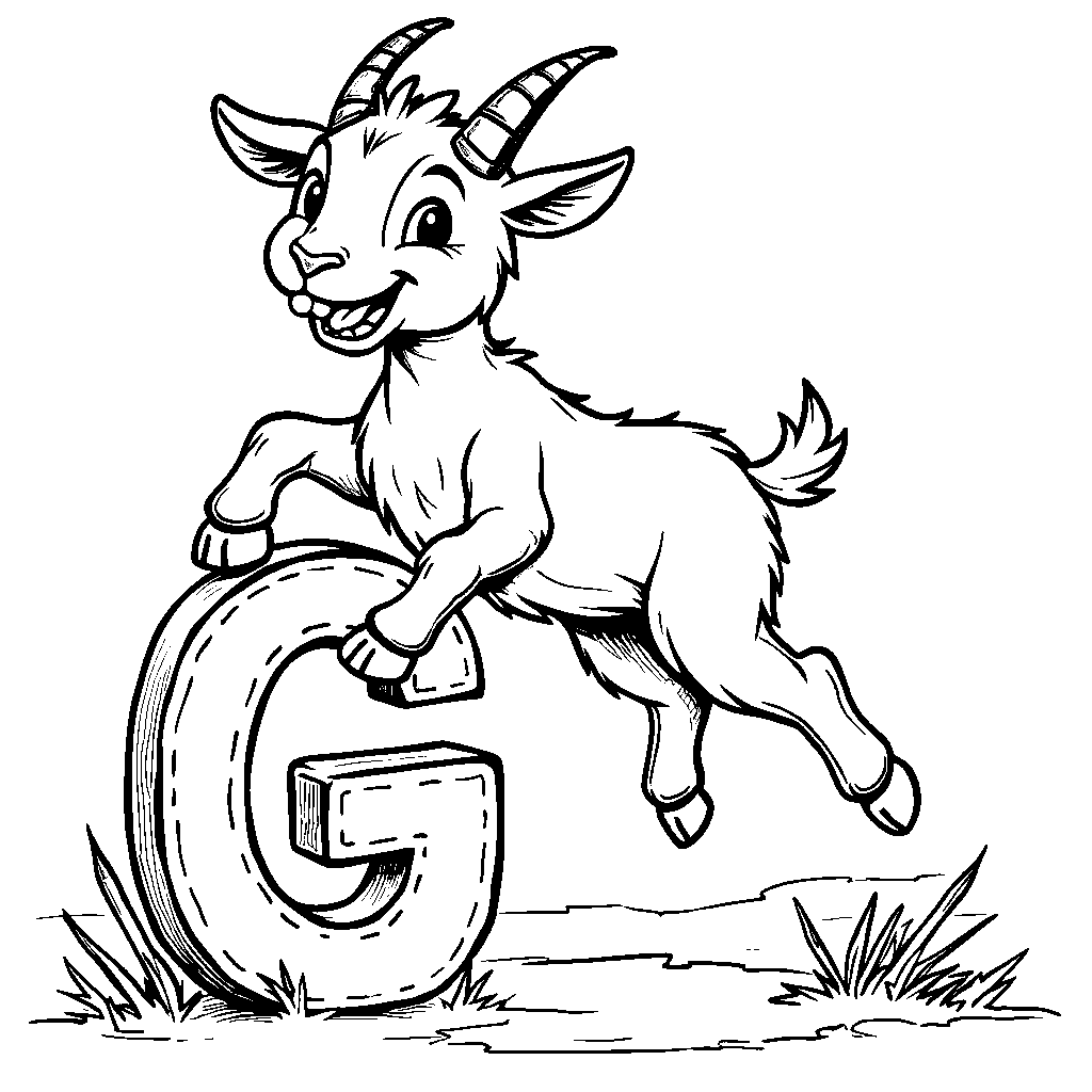 A cute goat jumping over the letter G