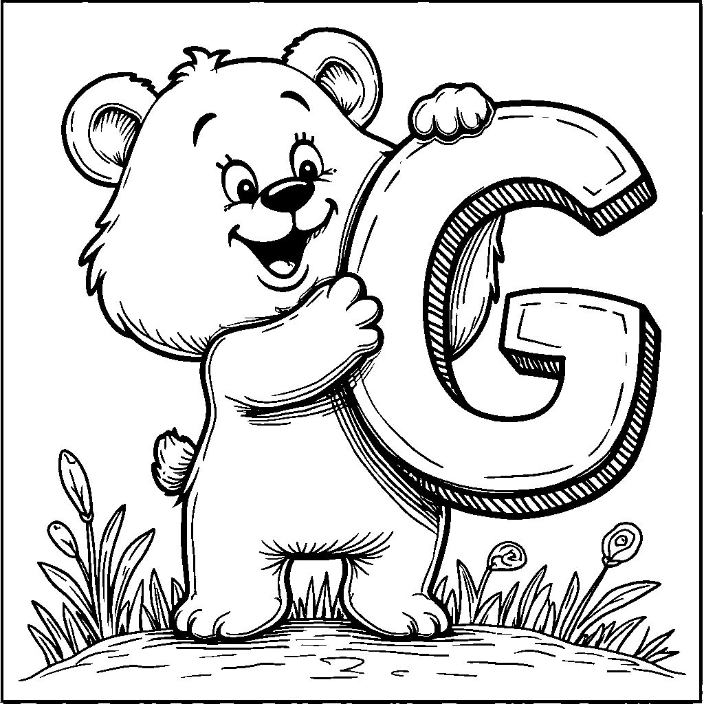 A friendly bear holding a giant G