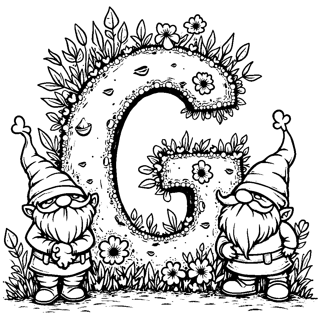 A garden filled with gnomes and the letter G in the middle