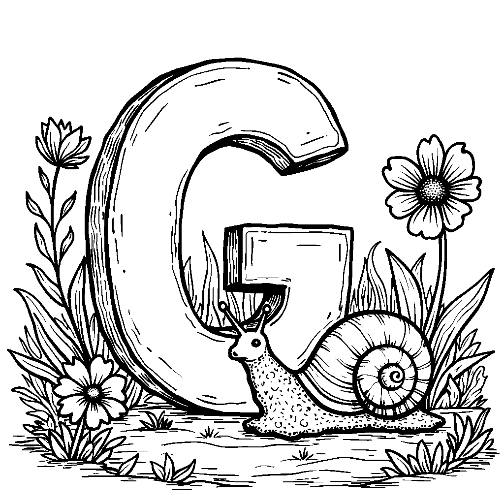 A garden snail moving slowly past the letter G